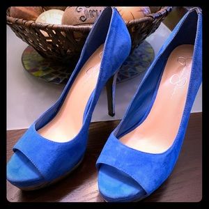 Jessica Simpson blue heels w/ iridescent bottom!